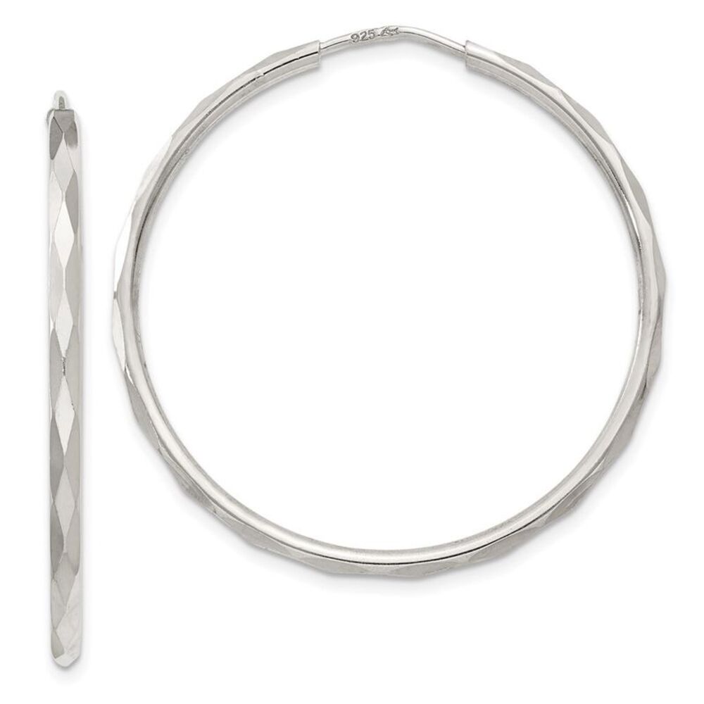 2mm, Sterling Silver, Diamond Cut Geometric Hoops - 35mm (1 3/8 Inch)